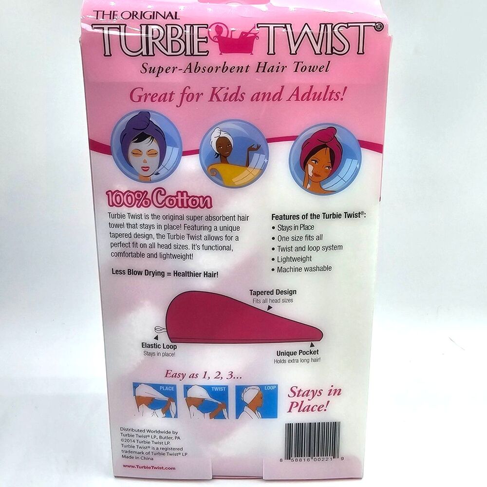 Turbie Twist Hair Towel 2 Pack 100% Cotton Pink Chevron White Quick Dry NWT - Picture 2 of 7